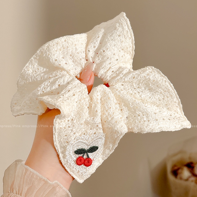 法式红樱桃白色镂空方巾发圈女猪大肠马尾发绳头饰氛围感扎发头绳