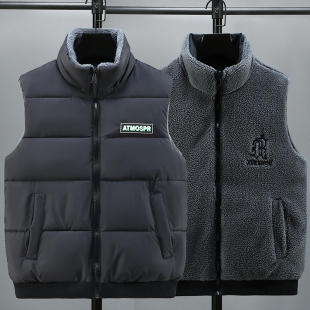 颗粒绒羽绒棉马甲立领刺绣字母保暖坎肩男款韩版休闲两面穿棉马夹