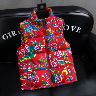 男款东北花布马甲大花冬季加厚保暖大码外穿网红立领坎肩背心潮流