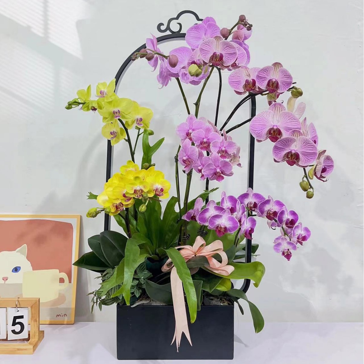 新中式蝴蝶兰花盆冬青银柳年宵花插花器花篮铁艺福桶客厅摆件批发