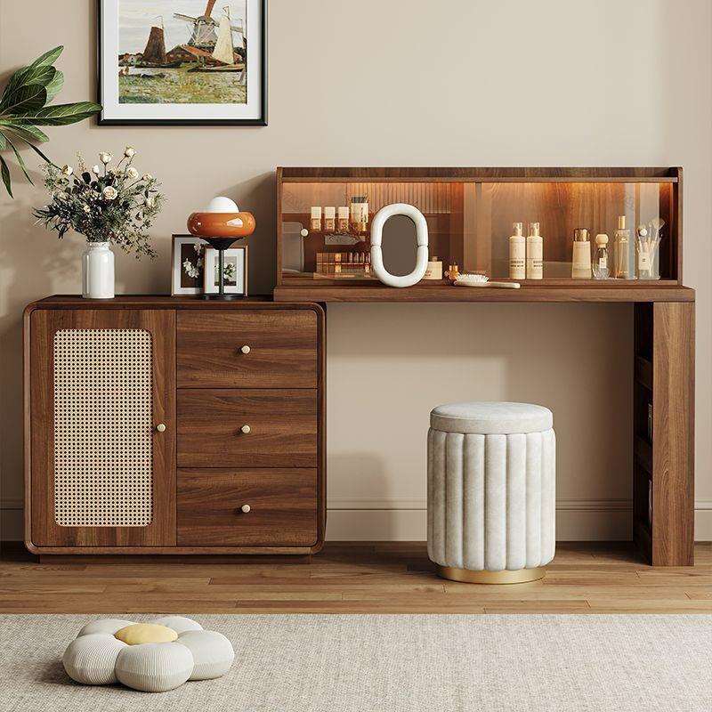 中古风藤编实木框梳妆台斗柜一体主卧室可伸缩转角储物化妆书桌