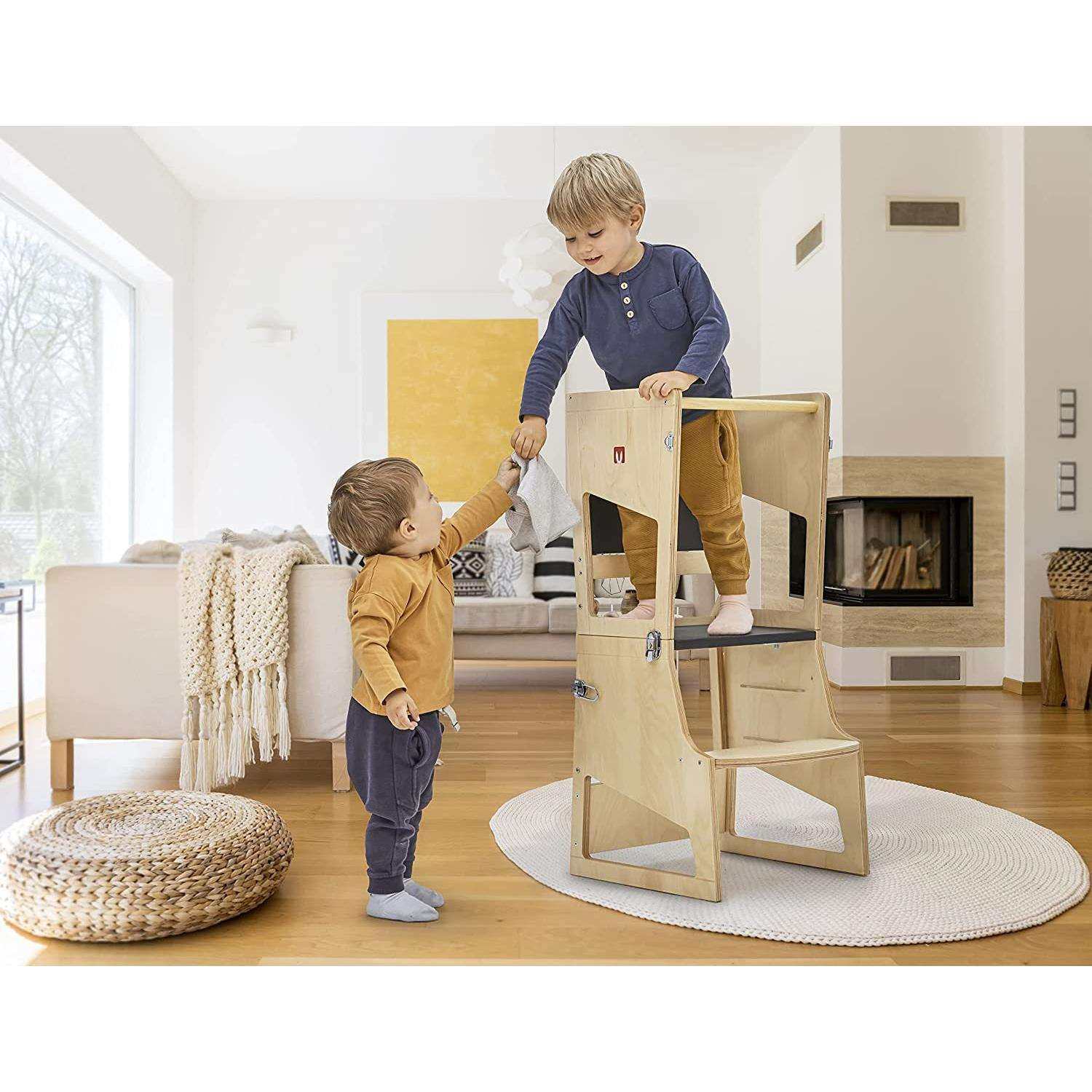 木质儿童可调节学习塔可转换成茶踏板和书桌的高度调节带黑板