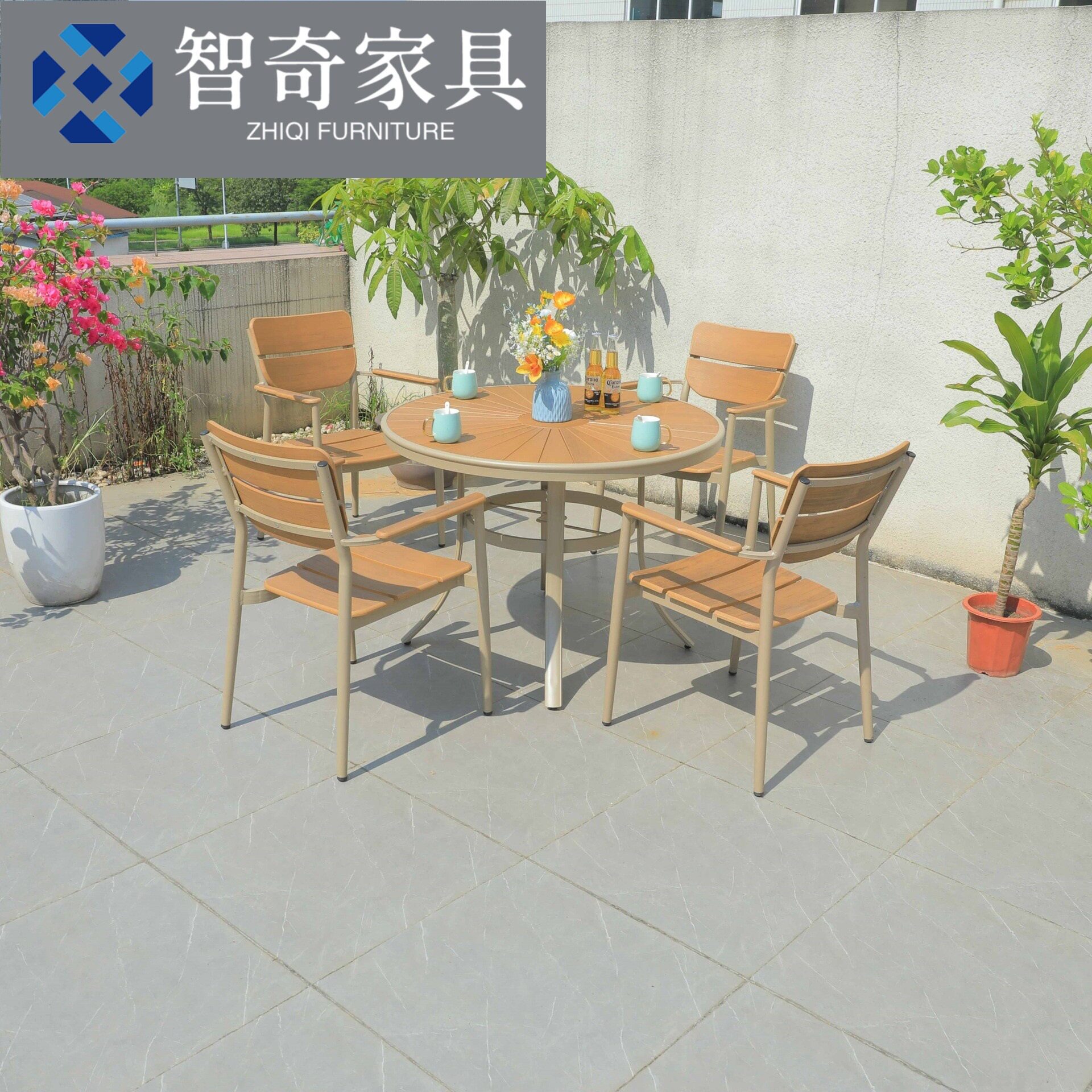 庭院户外休闲塑木桌椅组合室外花园露天阳台度假村铝合金外摆桌椅