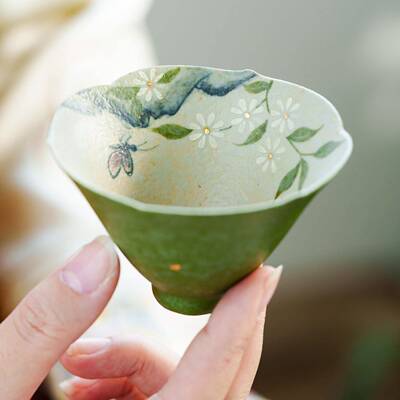 洒金漫野雏菊主人杯单杯陶瓷小茶杯品茗杯家用功夫茶具斗笠杯茶盏