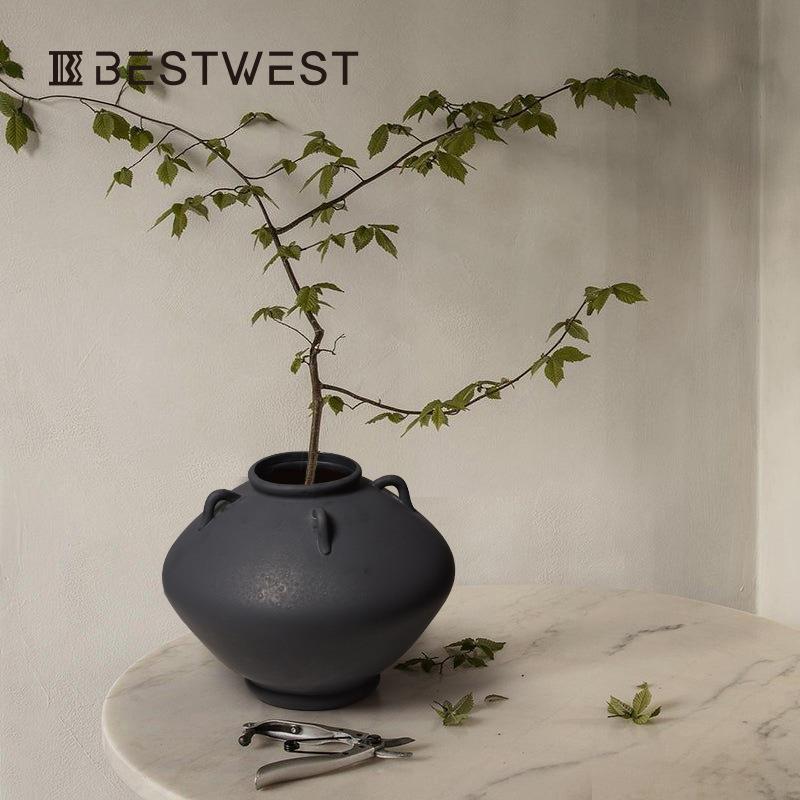 B复est west大肚YQ23-24粗陶做旧陶古瓷花瓶摆件 高档新中式装饰