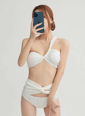 厂家bikini性感女纯色泳衣不规则斜肩性感比基尼分体二件套高腰裤