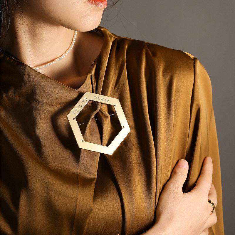 时尚简约几何形胸针哑金六边形胸花大气服装配饰别针