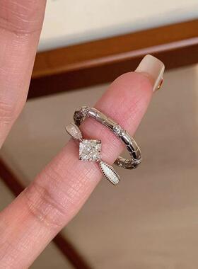 新款小红书款新中式个性潮流小方钻锆石戒指轻奢感素圈指环配饰女