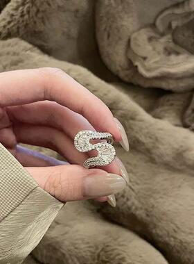 新款银色锆石百搭复古气质精致食指可调节开口戒指