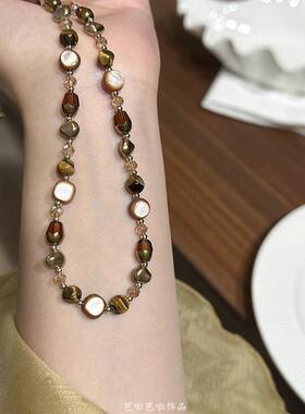 美拉德天然石虎眼石咖色珍珠串珠项链高级感女秋冬新款毛衣链