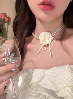 山茶花珍珠项链女锁骨链拼接轻奢小众花朵颈链脖子配饰