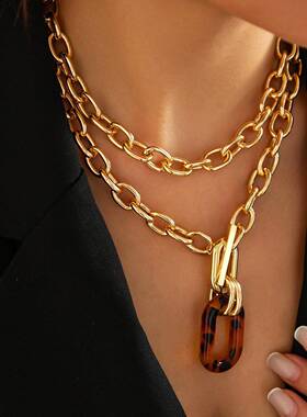 欧美跨境饰品多层时尚几何扣项饰甜酷个性亚克力椭圆吊坠项饰女