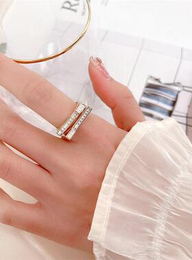 开口可调锆石戒指保色电镀时尚女戒创意设计感平行交错个性食指戒