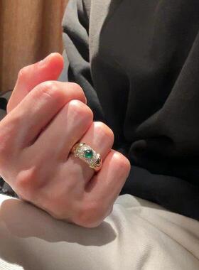 轻奢复古风祖母绿锆石镶钻开口戒女个性百搭指环小众设计感食指戒