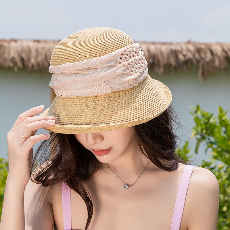 2023年防晒春季草帽出游遮阳圆顶草编夏季女士遮阳帽褶皱可折叠帽