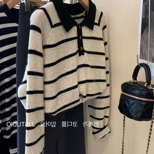 2025秋冬季新款套头条纹毛衣女宽松显瘦慵懒风小众设计感针织衫潮