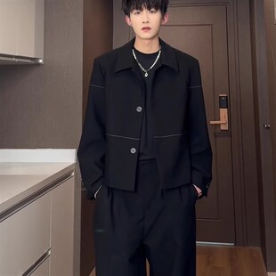 黑色休闲西装外套男款春秋高级感美式垫肩夹克翻领老钱风西服上衣