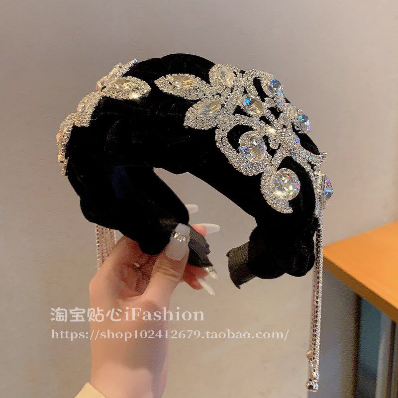 韩国重工水钻流苏发箍女高级感编织丝绒大宽边压发卡头饰网红头箍