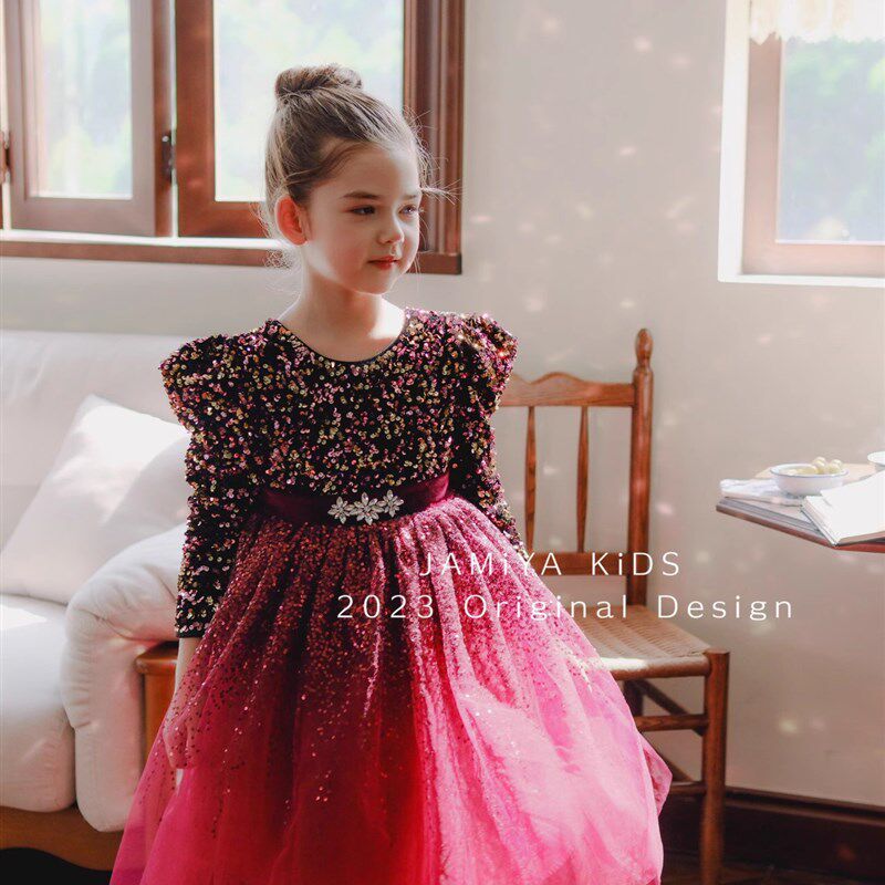 女童洋装星空耶诞节公主裙女宝韩版钢琴演出新年礼服裙儿童冬装