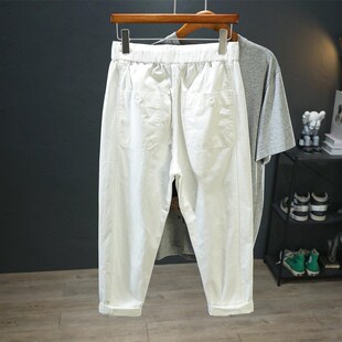 薄款 百搭潮流春夏弹力裤 白色休闲裤 宽松哈伦锥形九分裤 子 男士 夏季