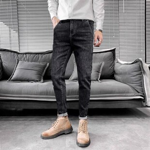 斜插兜牛仔裤男修身秋冬厚款裤子男潮流修身小脚裤休闲斜口袋长裤