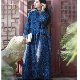 棉麻碎花棉袍女复古秋冬连衣裙款中式加绒加厚袍子中式民族风