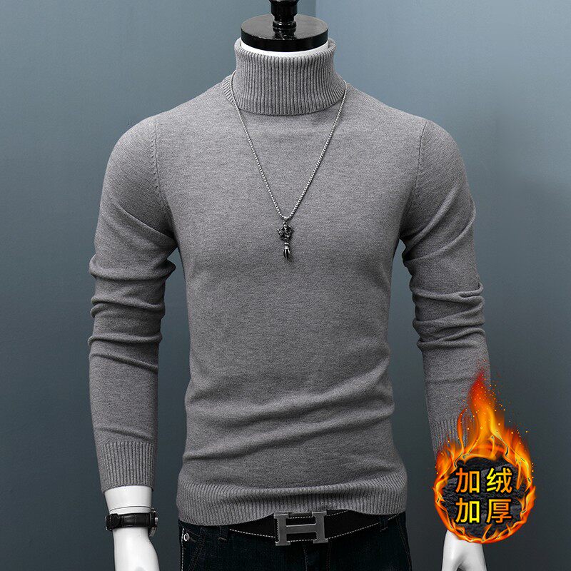 冬季加绒加厚毛衣针织衫男士高领打底纯色修身羊绒衫青年保暖上衣