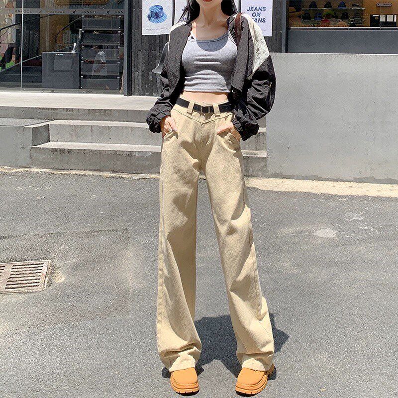 杏色阔腿牛仔裤女春秋夏季2025新款百搭直筒高腰显瘦白色爆款裤子