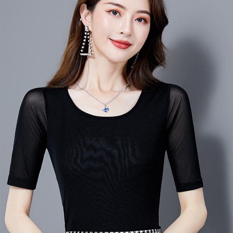 夏季时尚洋气内搭网纱打底衫女短袖t恤薄款纱衣修身小衫大码上衣