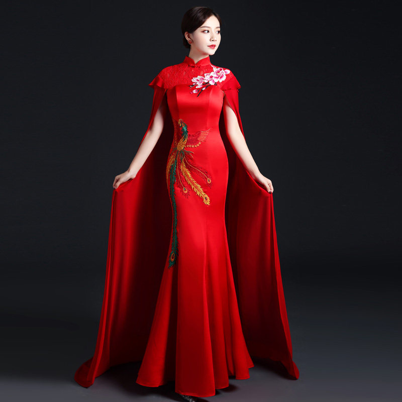 中国风晚礼服2021高贵气质长款鱼尾修身公司年会演出服披风敬酒服