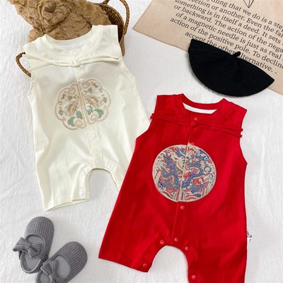 新生婴儿夏季薄款无袖中国风连体衣宝宝衣服夏装红色满月哈衣爬服
