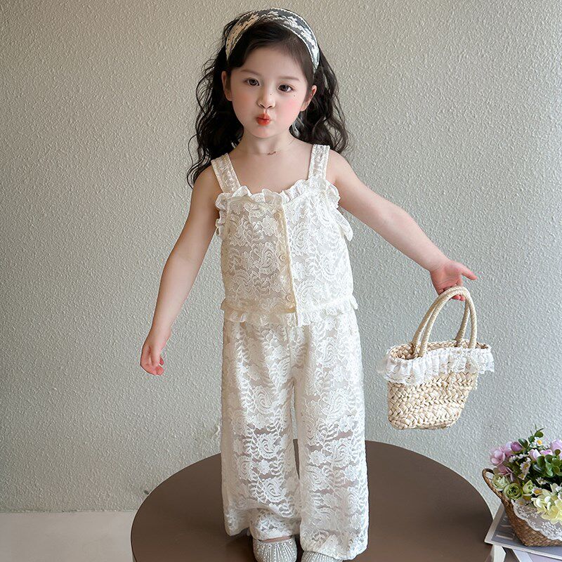 女童夏装套装2025新款洋气时髦儿童蕾丝吊带上衣宝宝休闲阔腿裤