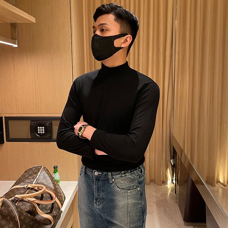 秋冬季休闲简约磨毛半高领打底衫男 纯色修身长袖t恤内搭男高级感