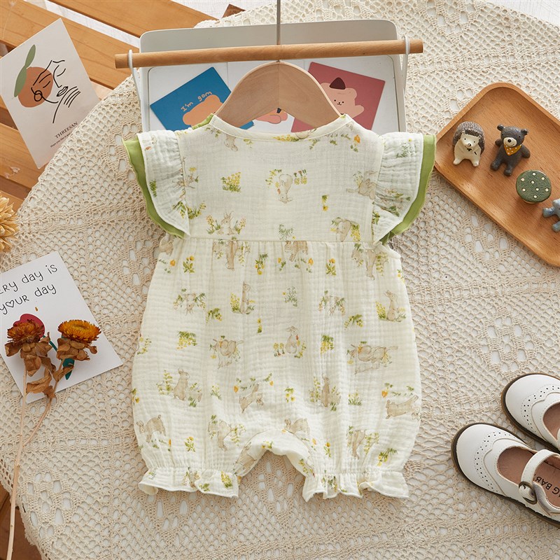 婴儿衣服夏季婴儿连体衣前开扣新生儿衣服飞边袖婴儿夏季连衣薄款