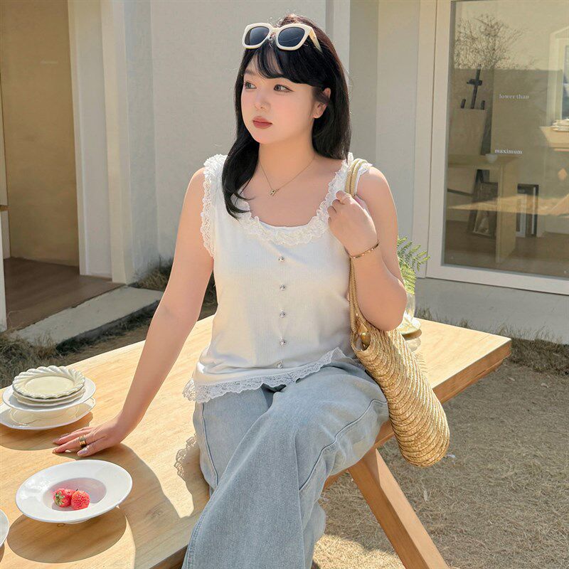 特大码蕾丝花边领吊带背心女2025春季新款胖mm设计感内搭打底上衣