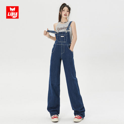 蓝色牛仔背带裤女春季2025新款百搭美式宽松设计感高腰显瘦阔腿裤