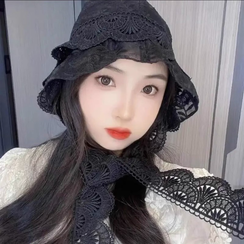 韩版潮蕾丝飘带防晒帽子女夏季网纱遮阳帽时尚显脸小可折叠渔夫帽