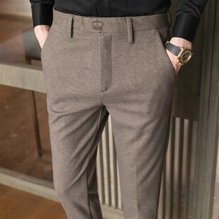 高端刺绣毛呢休闲长裤修身小脚冬装磨毛西裤男士保暖西装裤轻商务