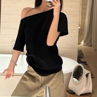 T恤衫 孕妇装 纯棉斜肩短袖 新款 宽松显瘦遮肚不显怀百搭上衣 夏季