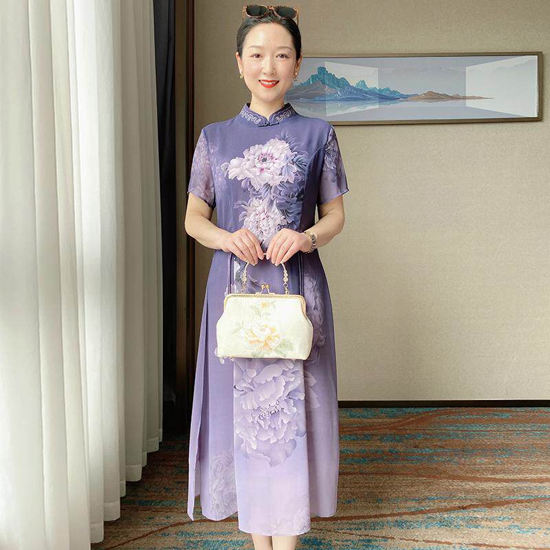 雪纺连衣裙夏季气质复古裙大码女2022年新款妈妈遮肉遮肚显瘦裙子