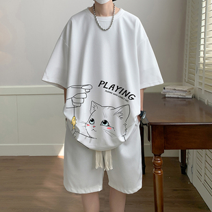 体恤宽松半袖 小男孩套装 两件套初中生夏 夏季 高克重磅t恤男短袖