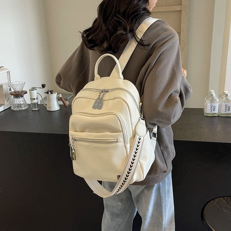 休闲多兜软皮双肩包简约女大学生皮质通勤旅行用背包纯色单肩书包