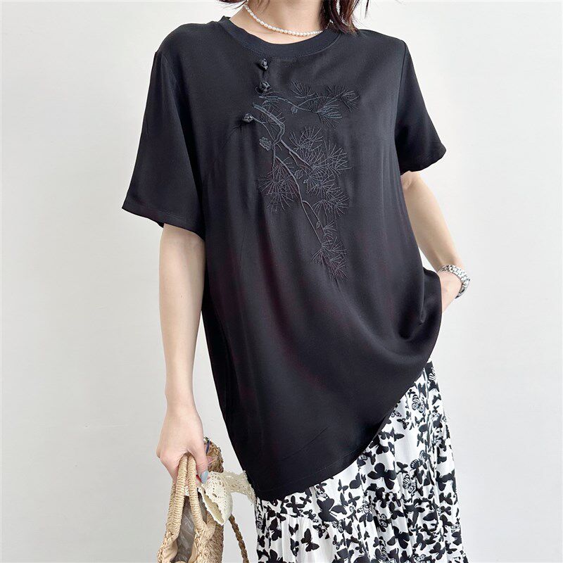2024新款棉绸新中式女装中国风上衣盘扣刺绣高级感t恤人造棉大码