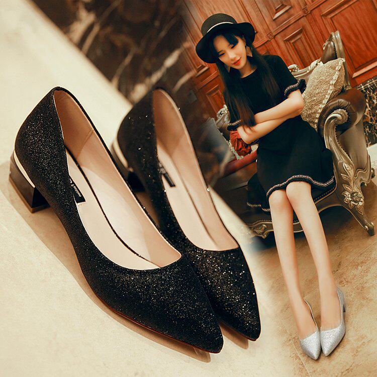黑色亮片水晶鞋高跟鞋女低跟3cm银色伴娘鞋婚鞋粗跟学生晚会单鞋l