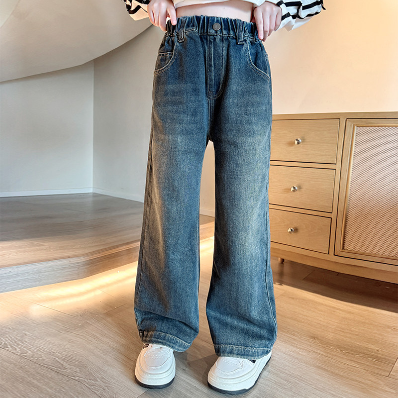 女童牛仔裤秋装2024新款儿童宽松阔腿裤子女大童秋季百搭高腰长裤