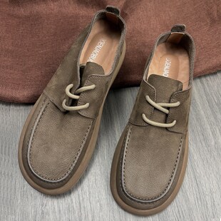 新款复古单层牛皮透气皮鞋男款百搭英伦软底休闲真皮宽脚大头男鞋