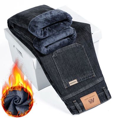 加绒加厚牛仔裤男士冬季新款弹力宽松直筒中年爸爸保暖休闲长裤子