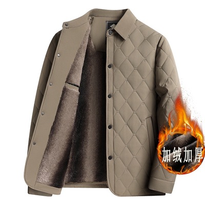加绒加厚夹克棉衣外套中年男装翻领按扣棉服爸爸秋冬菱格保暖上衣