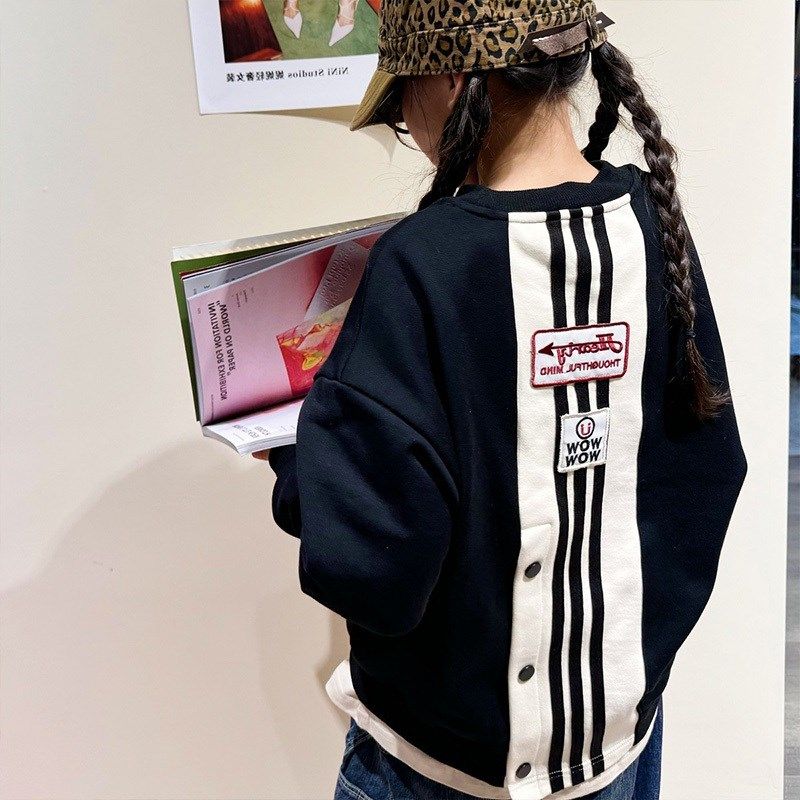 女童男童卫衣秋冬加绒加厚运动拼接撞色打底衫学生上衣长袖外套