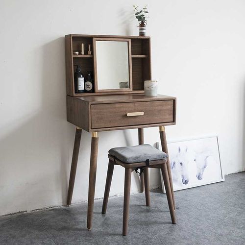 L!北欧卧室梳妆台小户型网红实木化妆台现代简约梳妆桌收纳柜一体